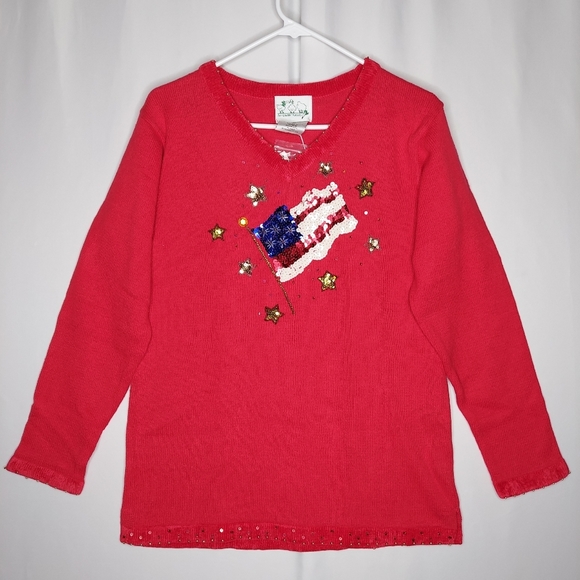 Quacker Factory Sweaters - The Quacker Factory Sweater Small Red Patriotic USA Sequin Flag V-Neck Stars